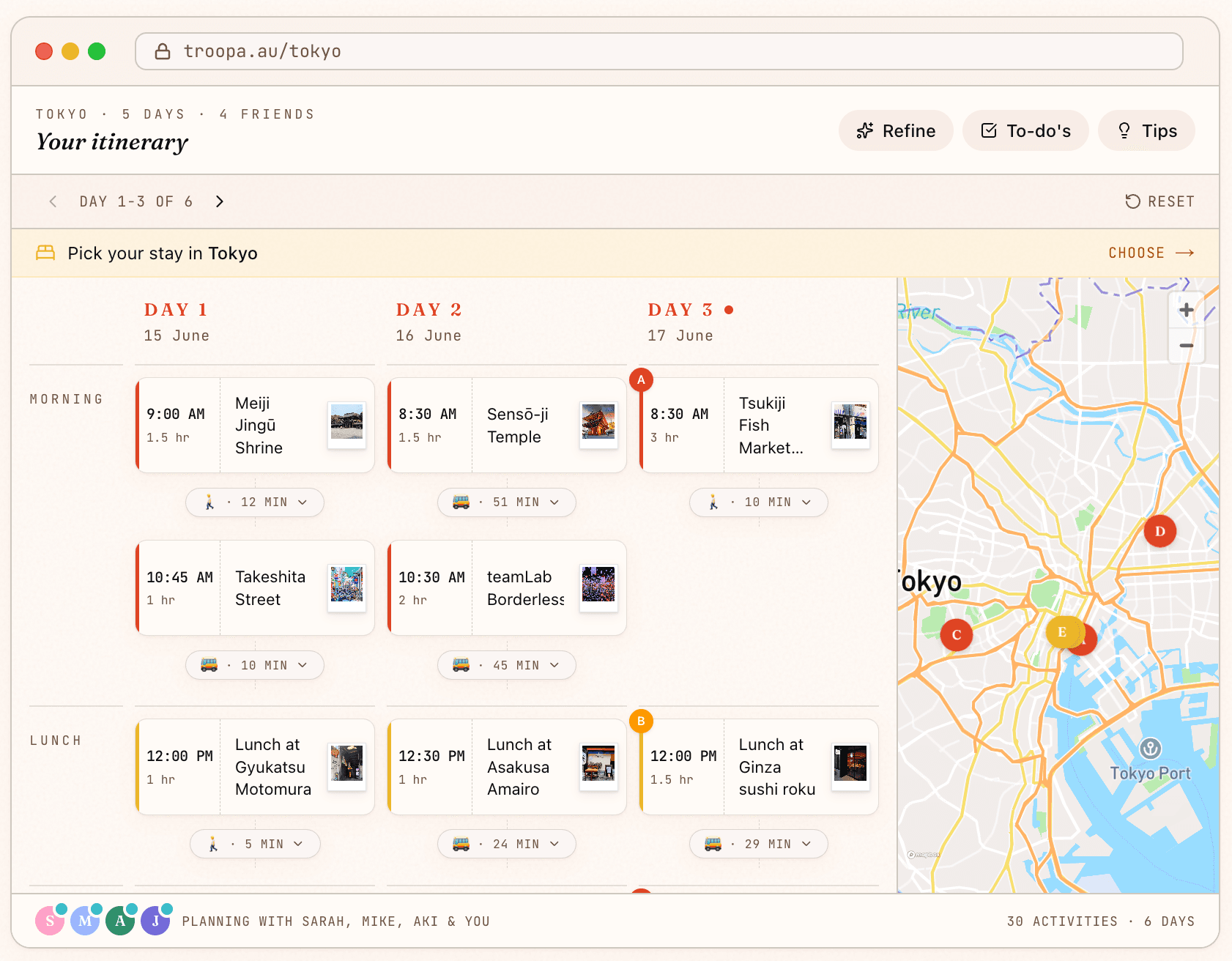 A sample Tokyo itinerary built by Troopa